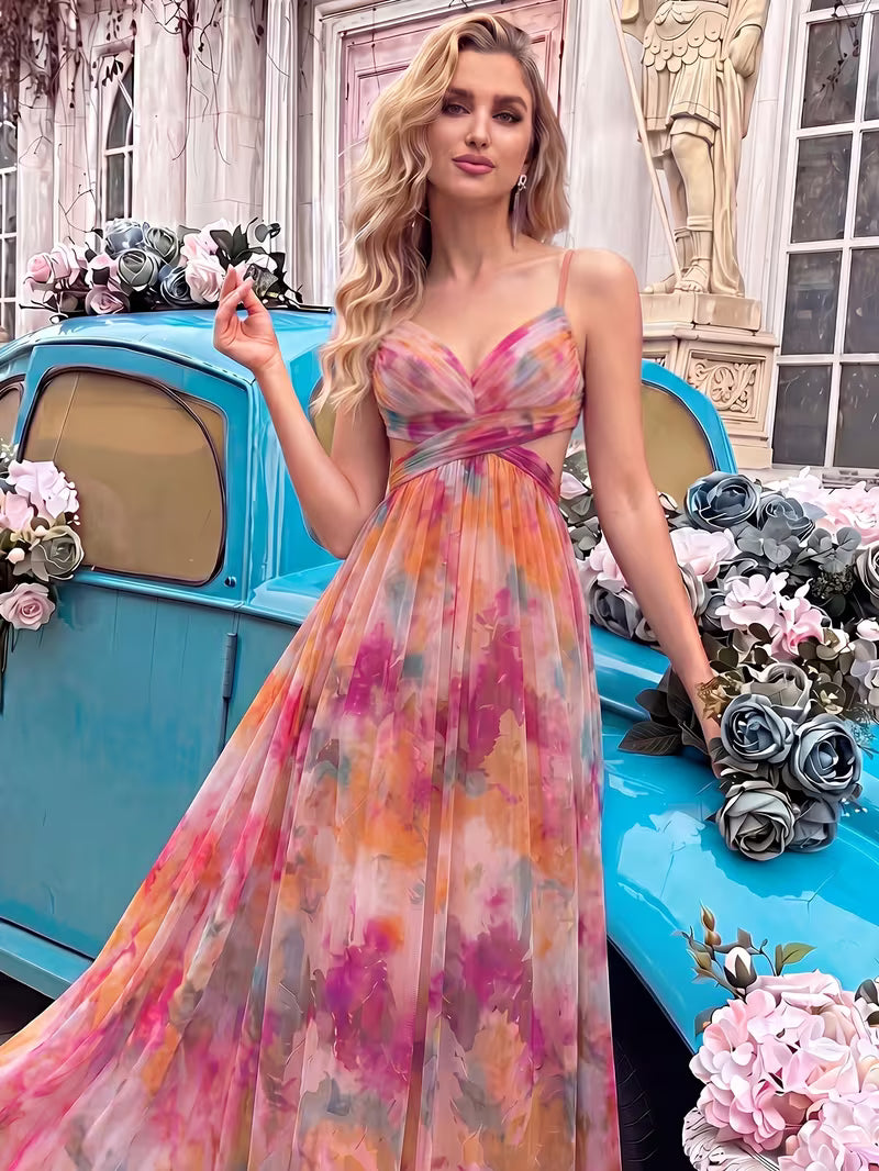 Vestido largo elegante 'Ocaso Acuarela' con Cintura Cruzada