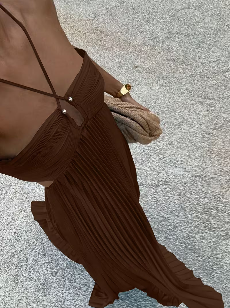 Vestido Maxi Plisado 'Tierra Toscana' con Cuello Halter