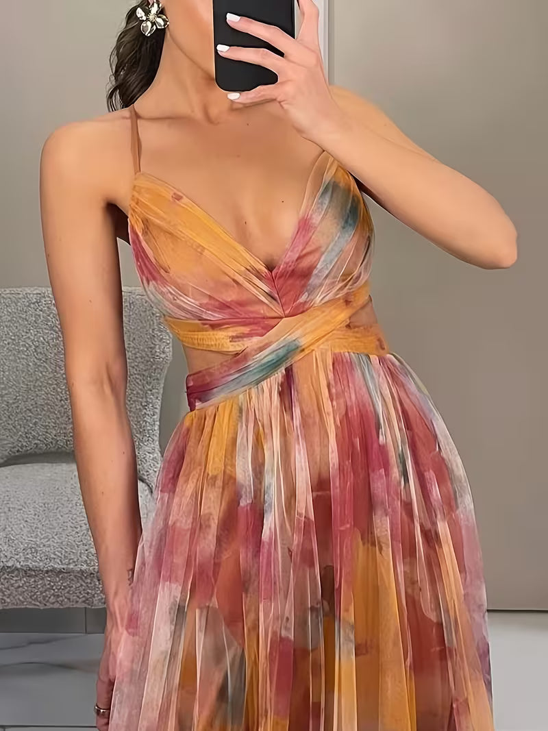 Vestido largo elegante 'Ocaso Acuarela' con Cintura Cruzada