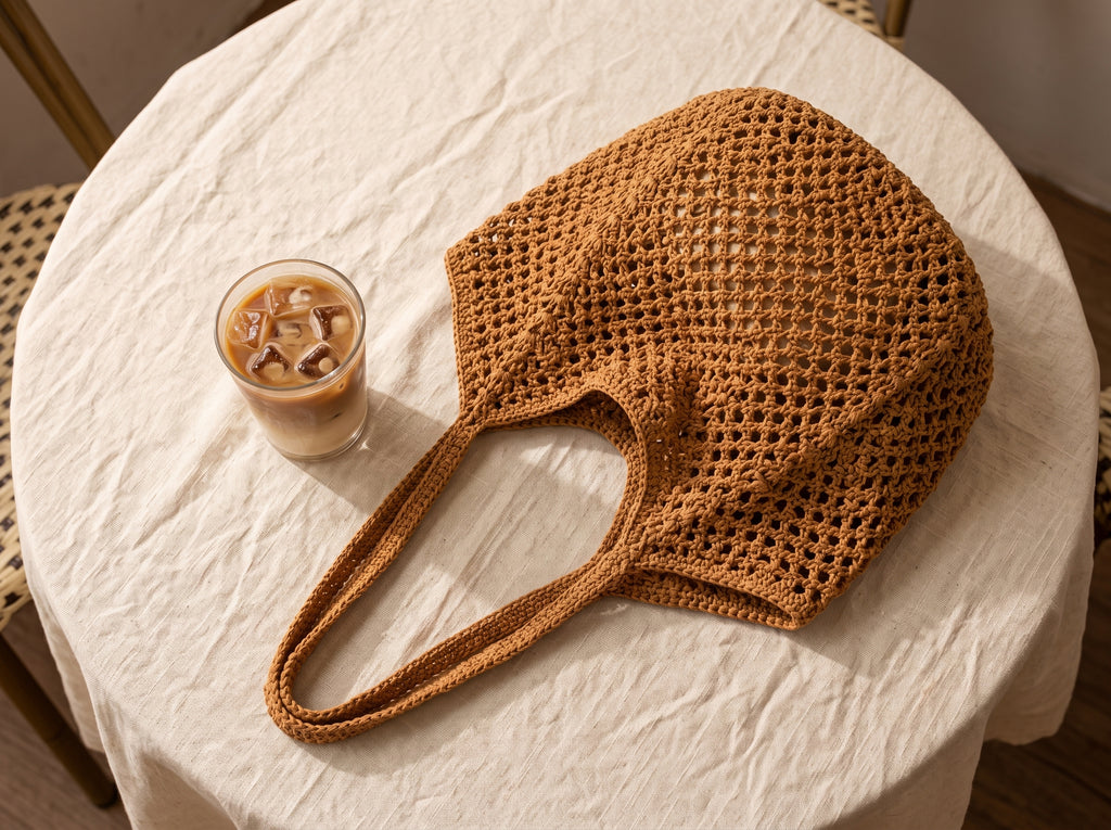 Bolso Tote Tierra Cálida - detalle tejido crochet sobre mesa