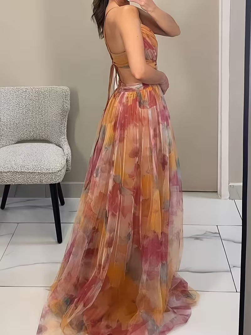 Vestido largo elegante 'Ocaso Acuarela' con Cintura Cruzada