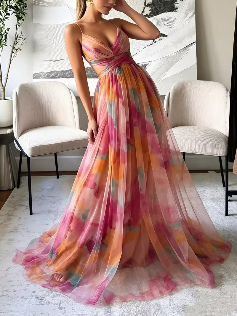 Vestido largo elegante 'Ocaso Acuarela' con Cintura Cruzada