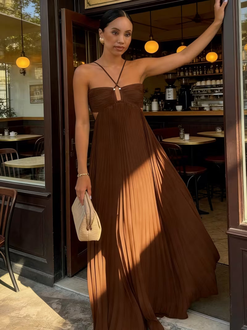 Vestido Maxi Plisado 'Tierra Toscana' con Cuello Halter