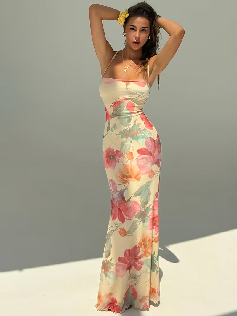 Vestido Maxi Floral 'Jardín Tropical' con Espalda Cruzada