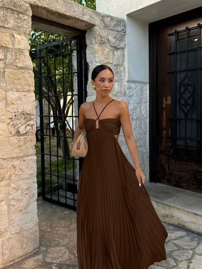 Vestido Maxi Plisado 'Tierra Toscana' con Cuello Halter
