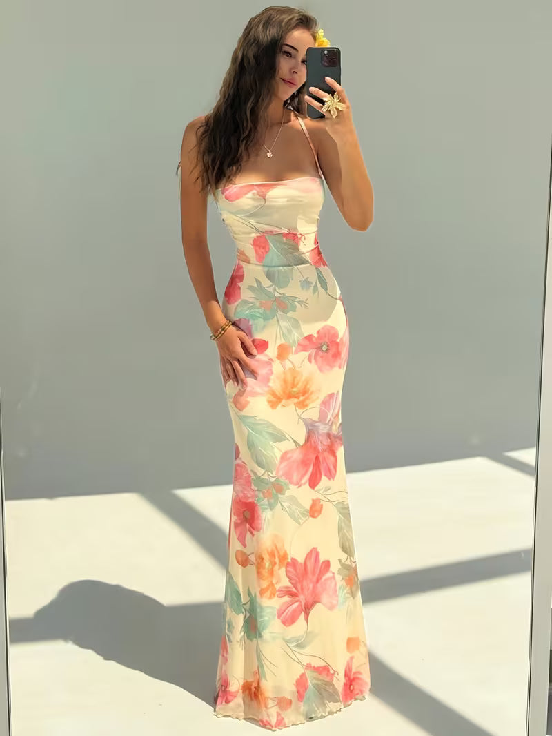 Vestido Maxi Floral 'Jardín Tropical' con Espalda Cruzada