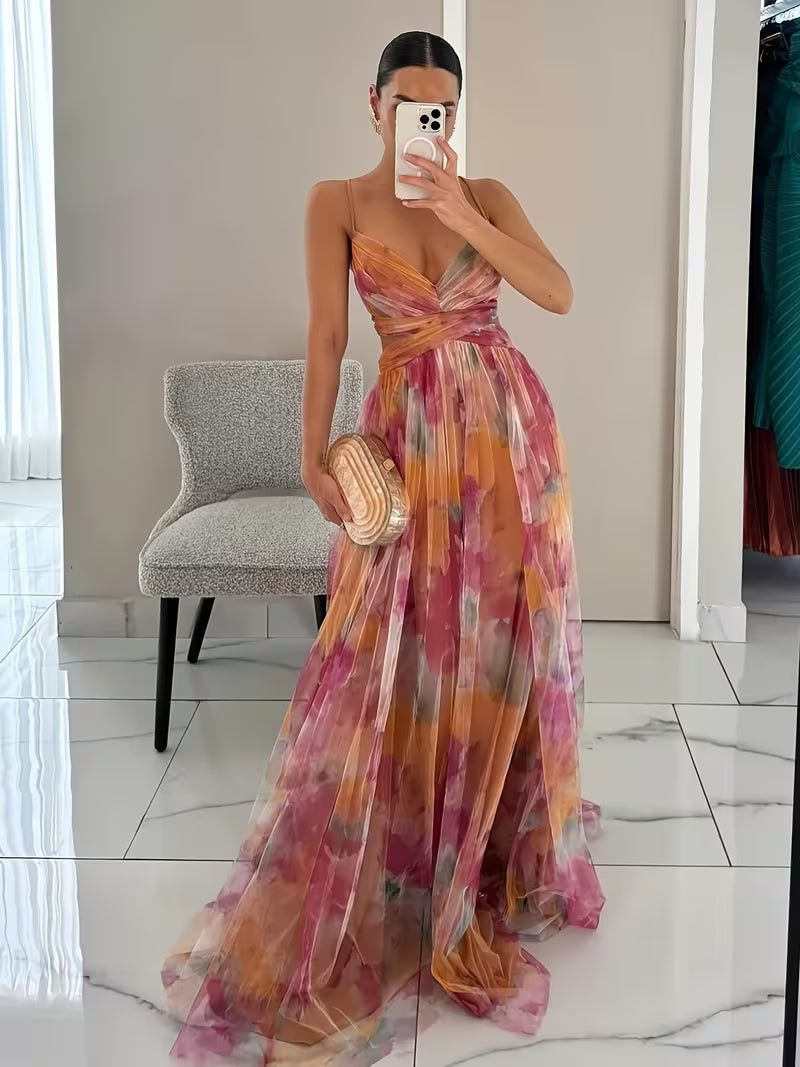 Vestido largo elegante 'Ocaso Acuarela' con Cintura Cruzada